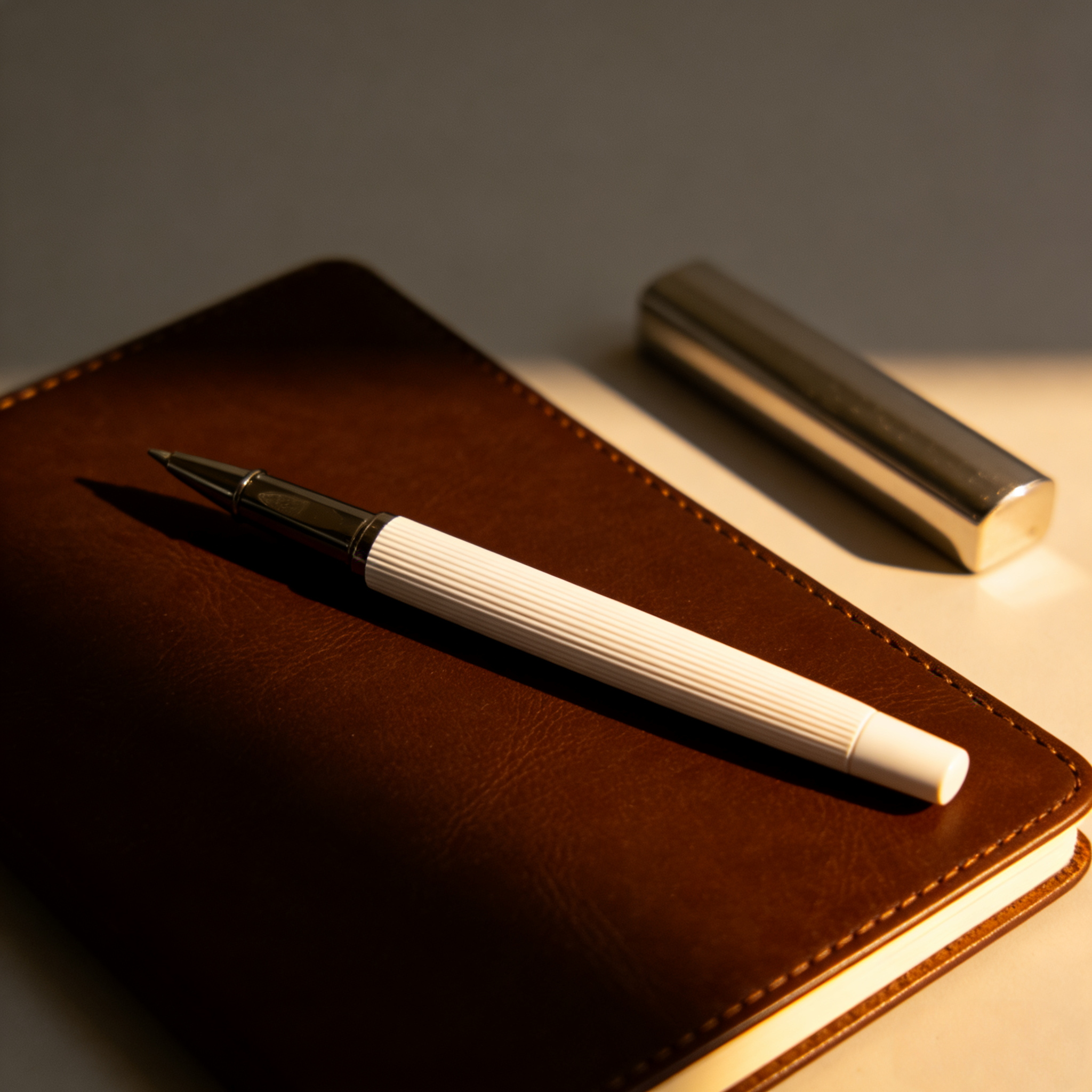White pen on a brown leather notebook with a metallic object in the background